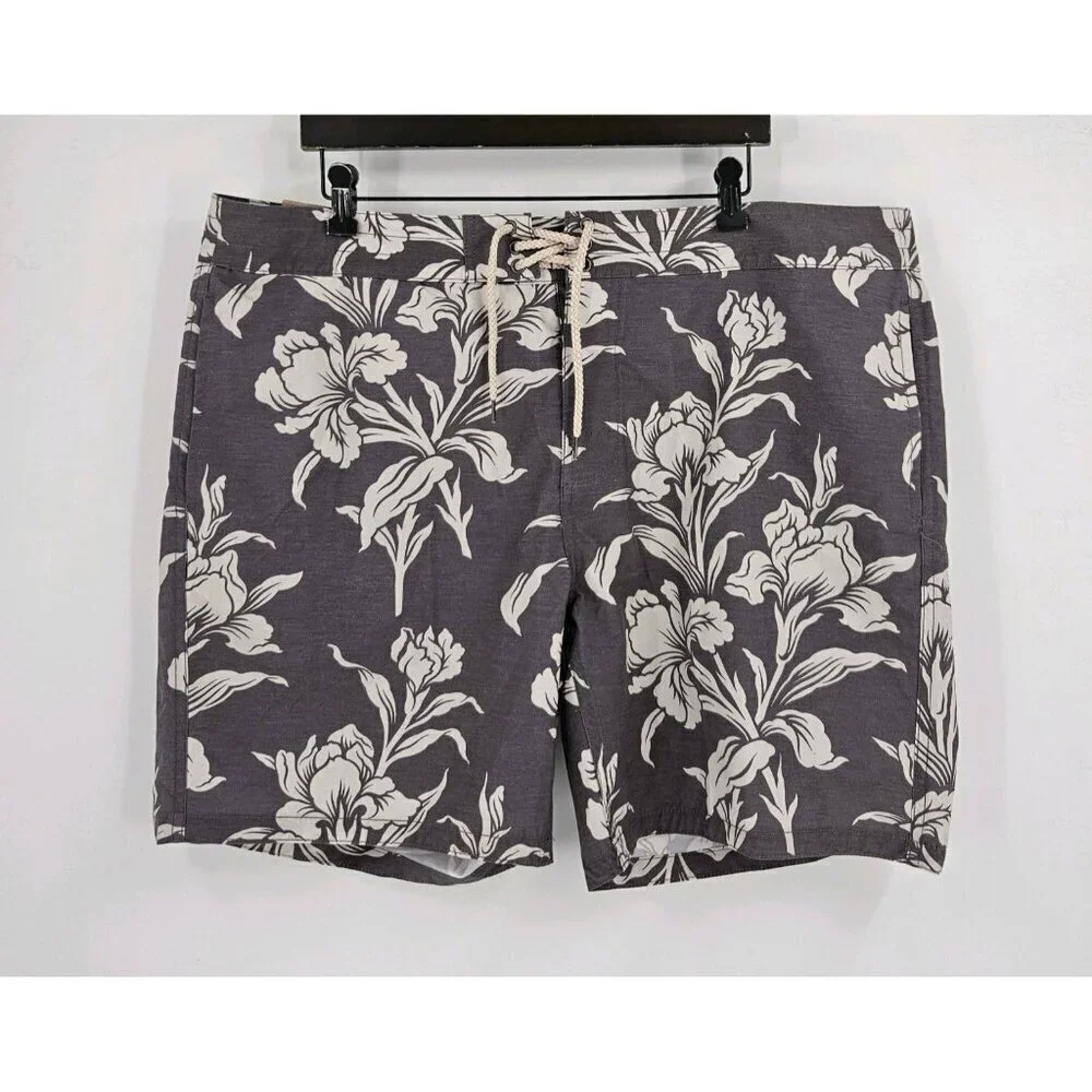 New Faherty Men Sz 40 Classic Boardshort Caf-Cream Ash Floral Lace Button Fly